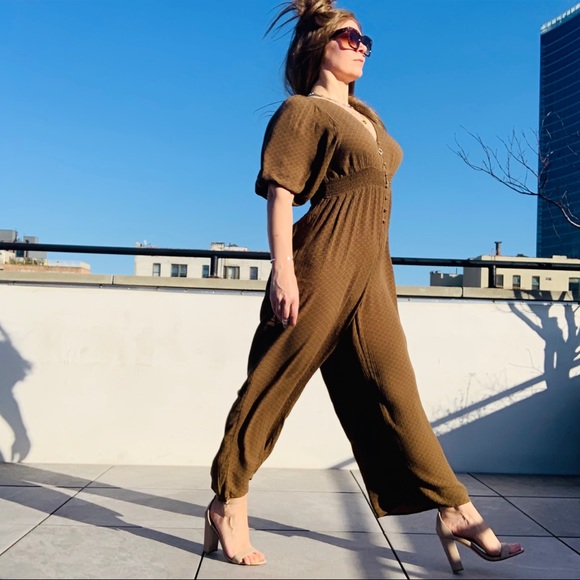 UO Vintage Bell Sleeve V-neck Earthy Jumpsuit Long Legs - Picture 12 of 16